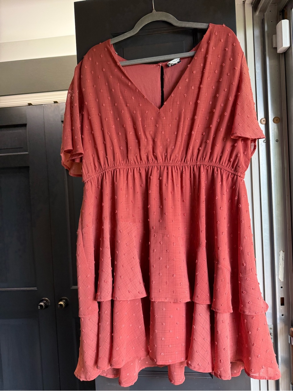 Women's Arula Tiered Dress Coral Pink Size A 1X Swiss Dot Textured Shortsleeve